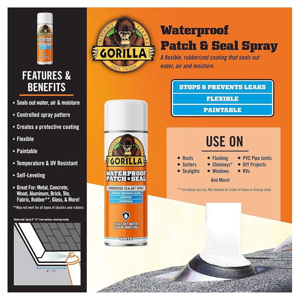 Gorilla Waterproof Patch & Seal Rubberized Sealant Spray, White, 14 Ounce