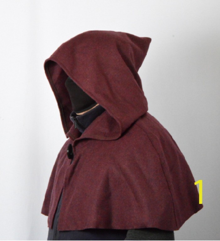 Medieval burgundy Viking wool hood.