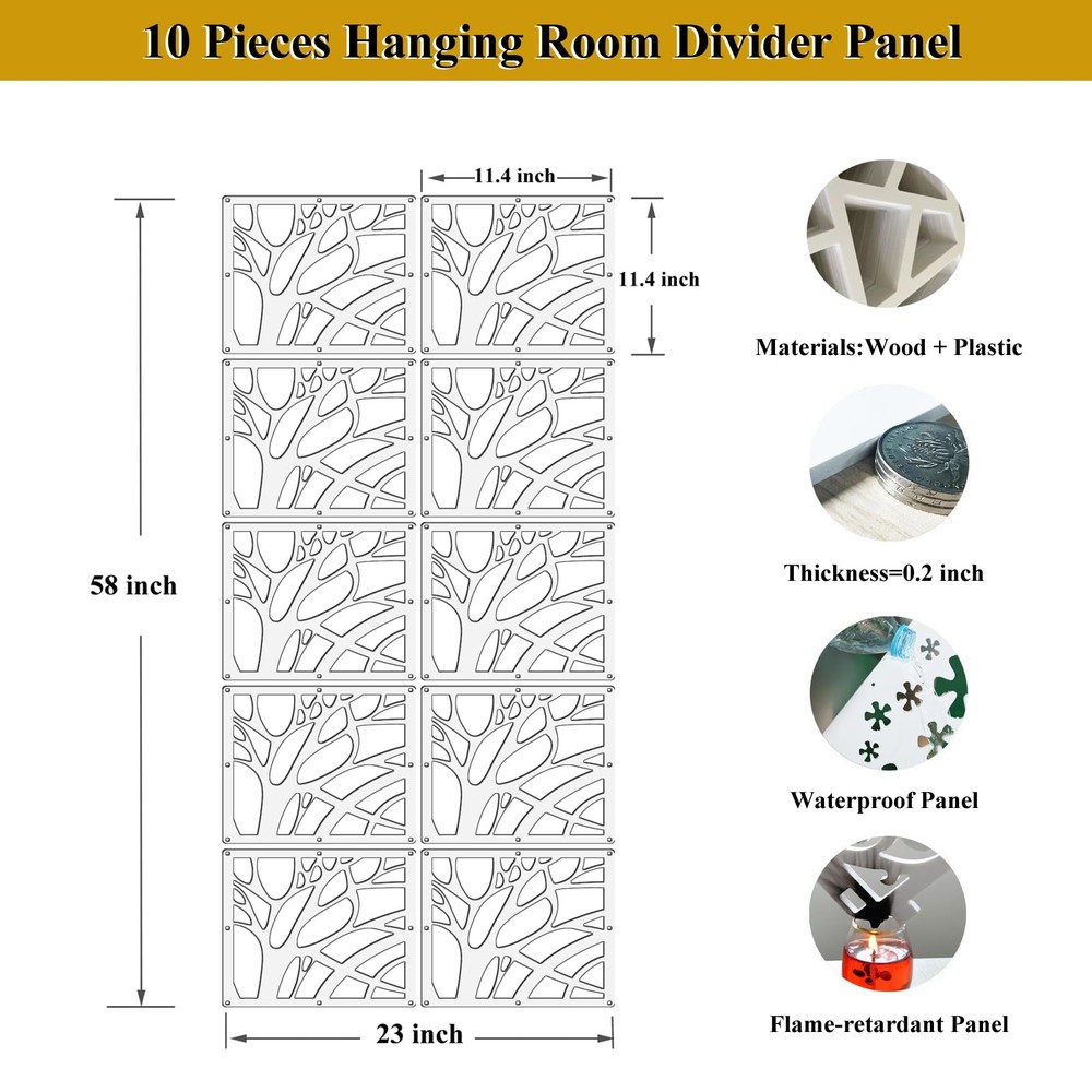 10 Pcs Wood-Plastic Hanging Room Divider Panel Thick Partition Screen