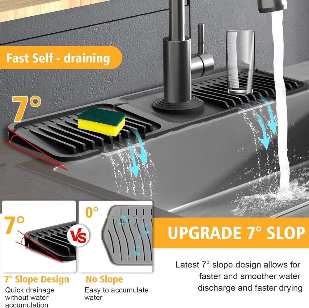 17.7-Inch Kitchen Sink Splash Guard Mat | 7° Slope for Fast Self-Draining | Snap