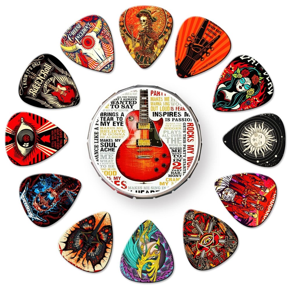 Guitar Picks 24 Pack Thin, Medium, Heavy & Extra Heavy Picks with Tin Box,Var...