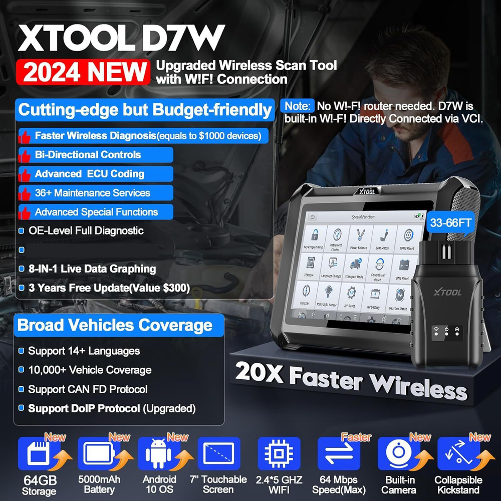 XTOOL D7W WIFI Wireless Auto Diagnostic Scan Tool Full System E.CU Coding DoIP