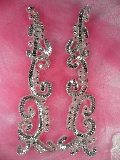 0509 Appliques Silver Mirror Pair Sequin Beaded DIY Sewing Patch Motifs 10"