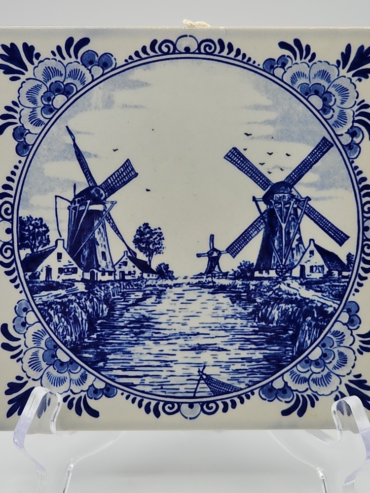 Delft Blauw Two Windmills on River Tile 6" x 6"