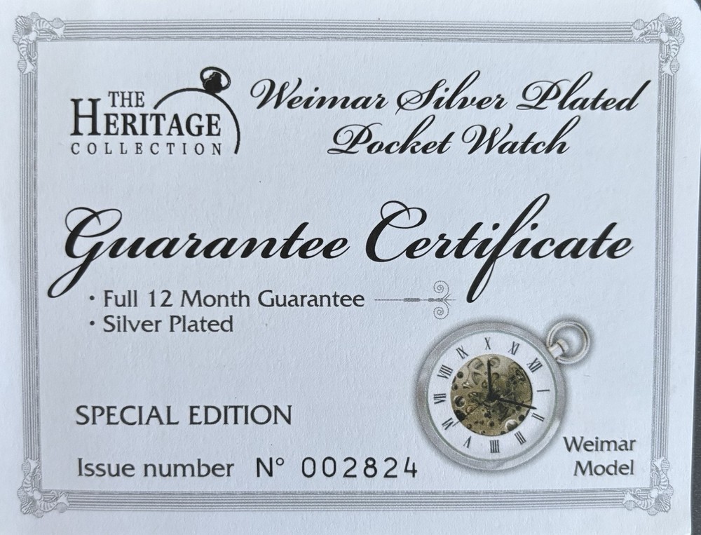 Silver Plated Pocket Watch. Heritage Collection, Weimer Model. Boxed.