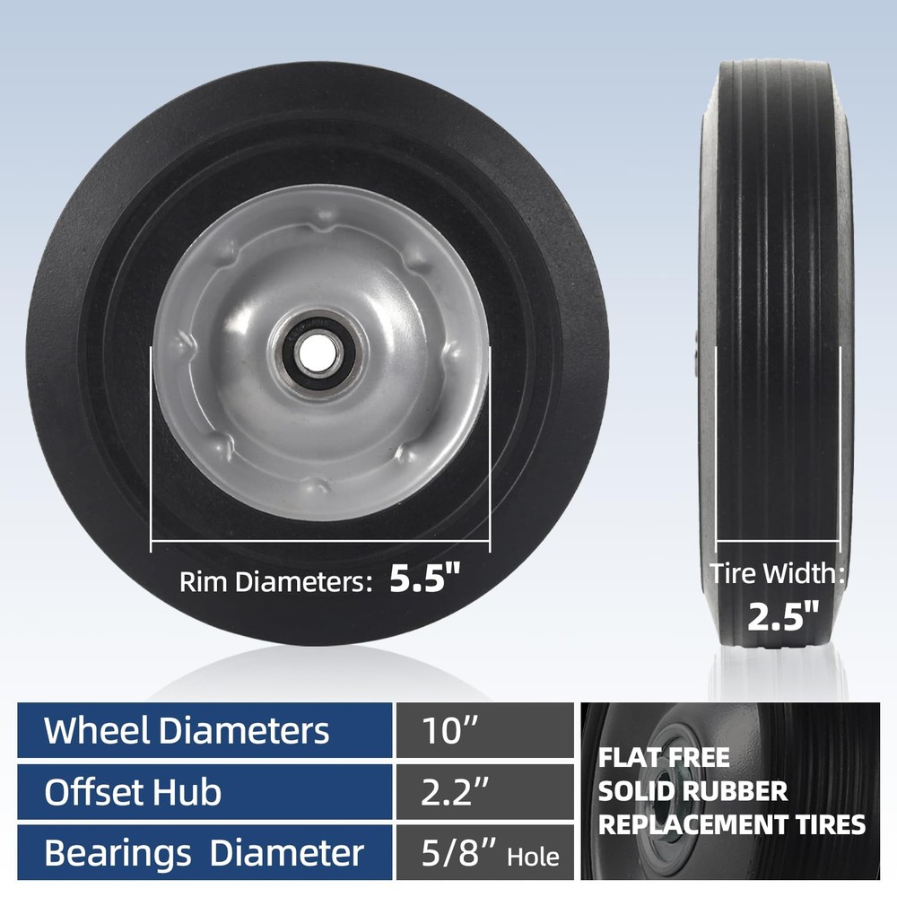 AR-PRO (2-Pack) 10" x 2.5" Flat Free Solid Rubber Replacement 10"x2.5, Black