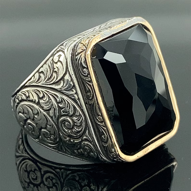 Men Onyx Black Stone Ring Solid 925 Sterling Silver Ottoman Handmade Gift