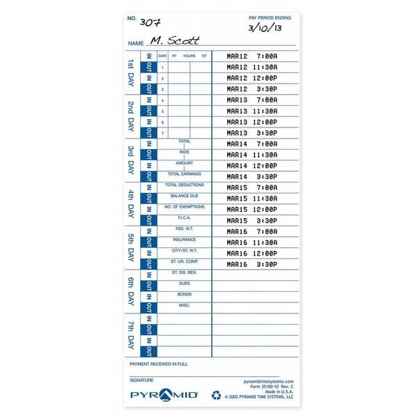 Pyramid 35100-10 Time Card, Pk100