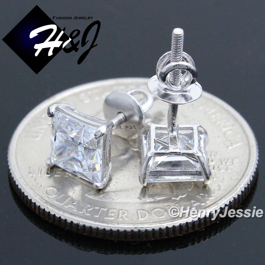 MEN WOMEN SOLID 925 STERLING SILVER ICY BLING CZ 6MM 3D SQUARE STUD EARRING*E93