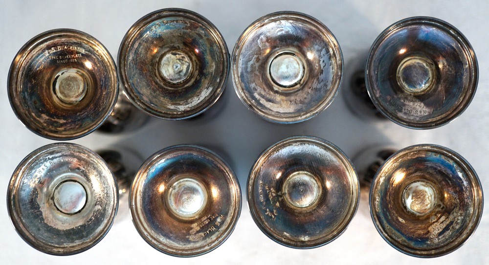 8 Silverplate Cordials with Blue Enamel Inside + Serving Tray W.&S. Blackington