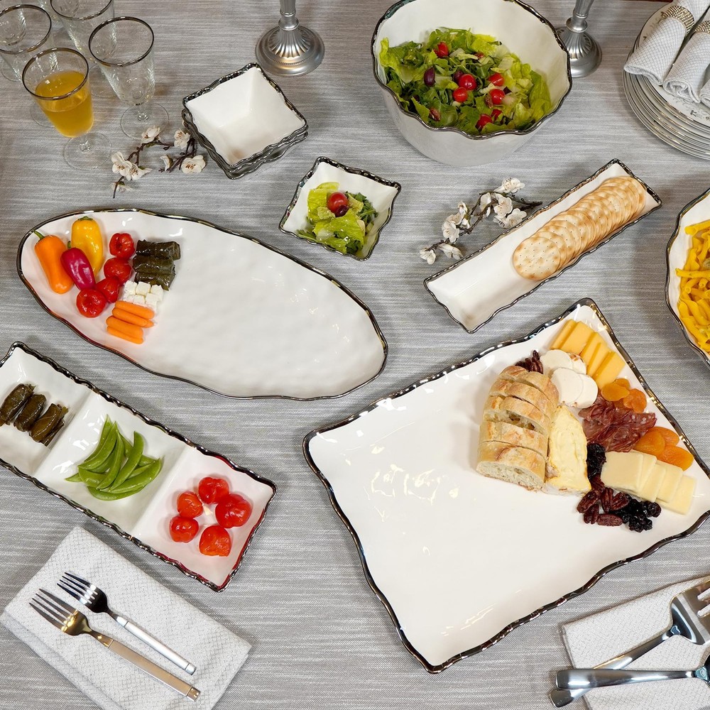 Regency Silver Porcelain Rectangular Platter Scalloped Edges Metallic