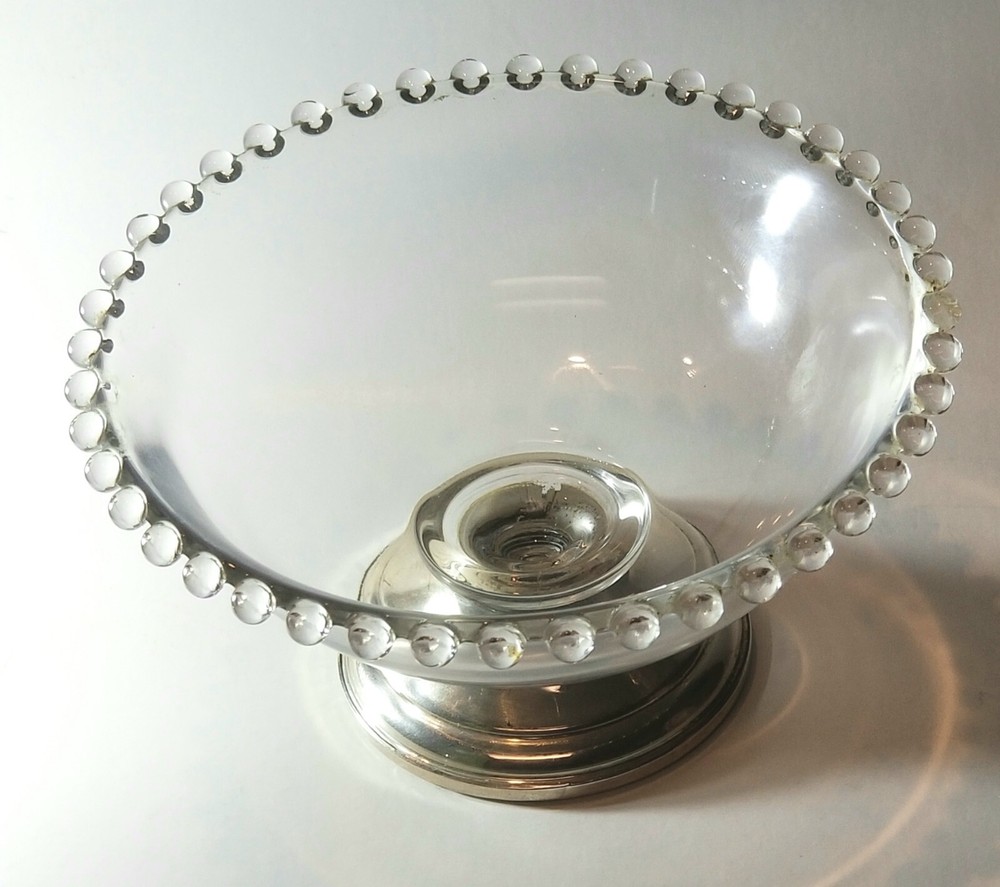 CROWN Sterling Silver Weighted Compote Silver Base Glass Dish Bowl, Nubby Edged