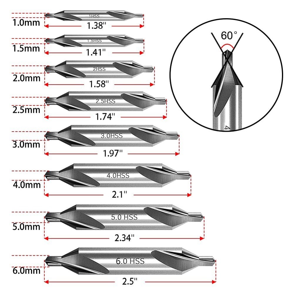 8 PCS Center Drill Bits Set, Countersink Tools for Lathe Metalworking 60 Degree.