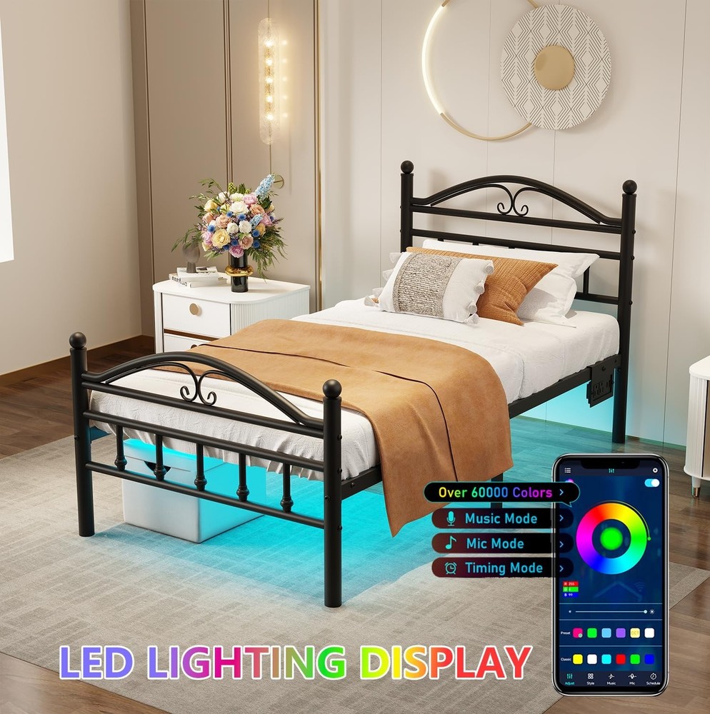 Twin Size Bed Frames with Charging Station,Black Metal Platform Bed Frame wit...