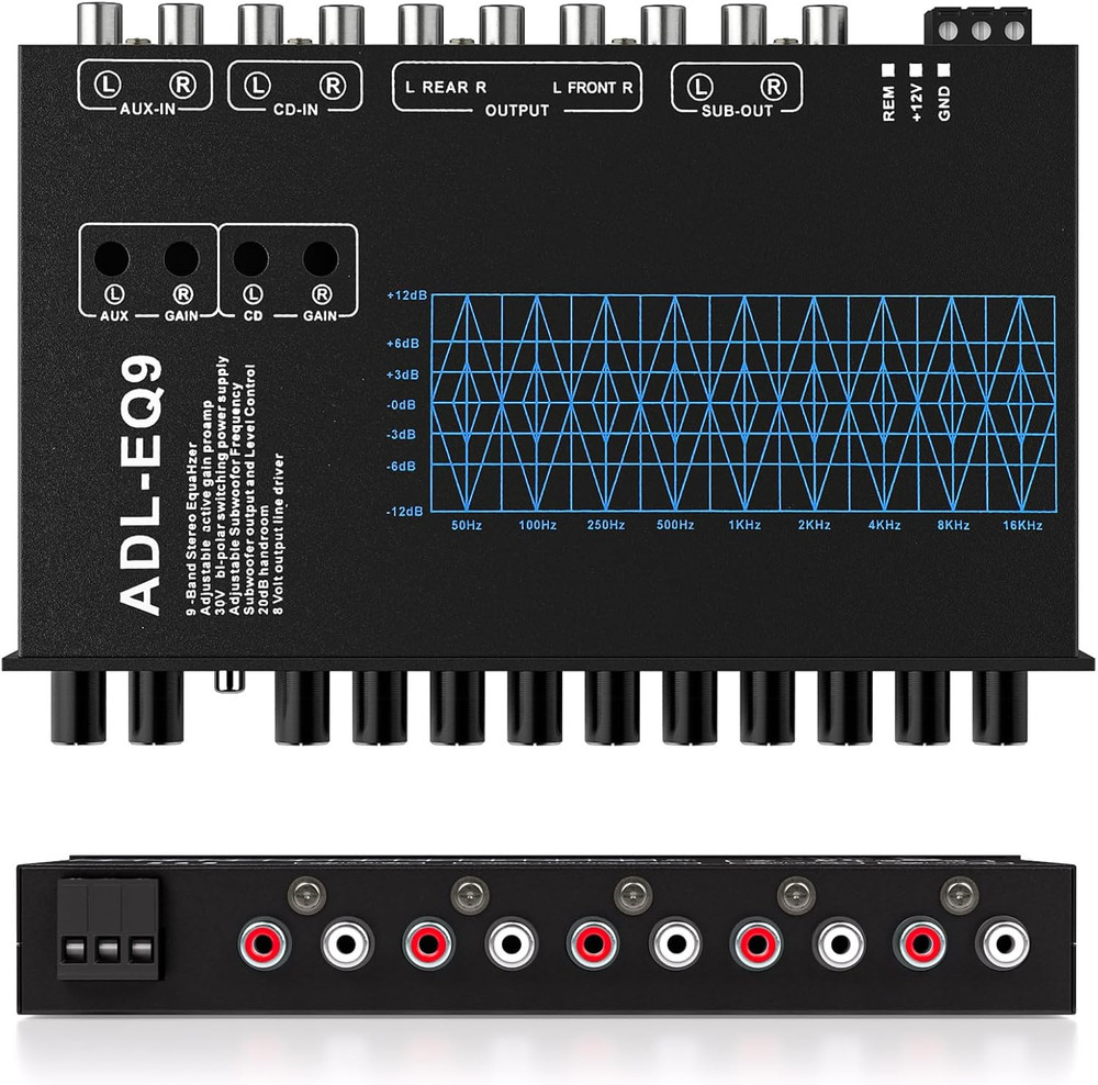 9 Band Car Audio Equalizer, Car Graphic Equalizer EQ W/Front, Rear +Sub Output,