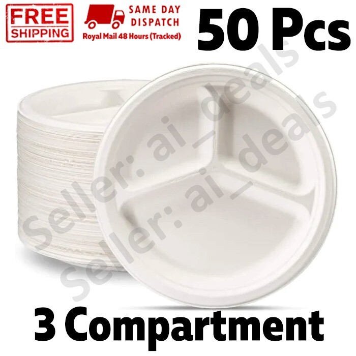 50 Sugarcane 3 Sections Tray Plates Disposable Biodegradable Partyware EC1680