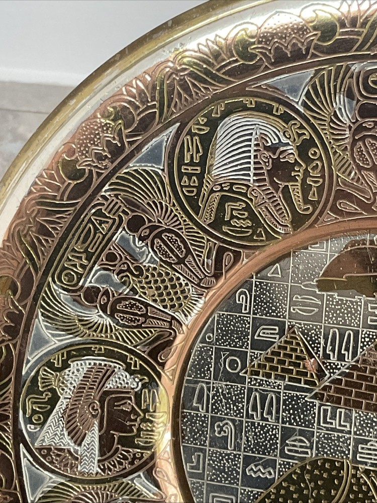 Egyptian Brass Wall Decor Plate - Sphinx & pyramids Handmade - 7”