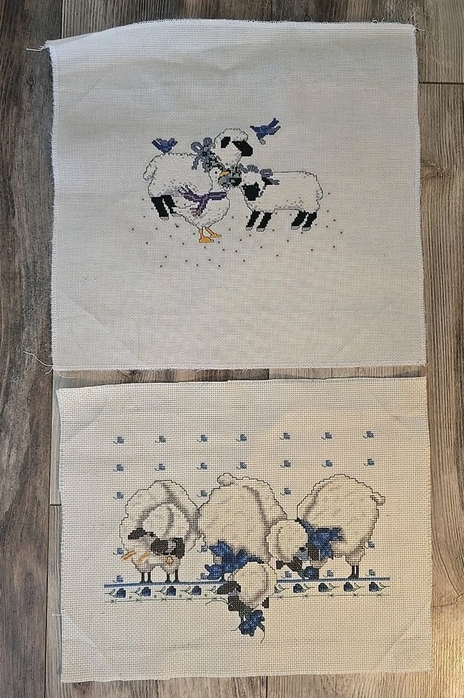 2 Completed Cross stitch Unframed sheep/lamb