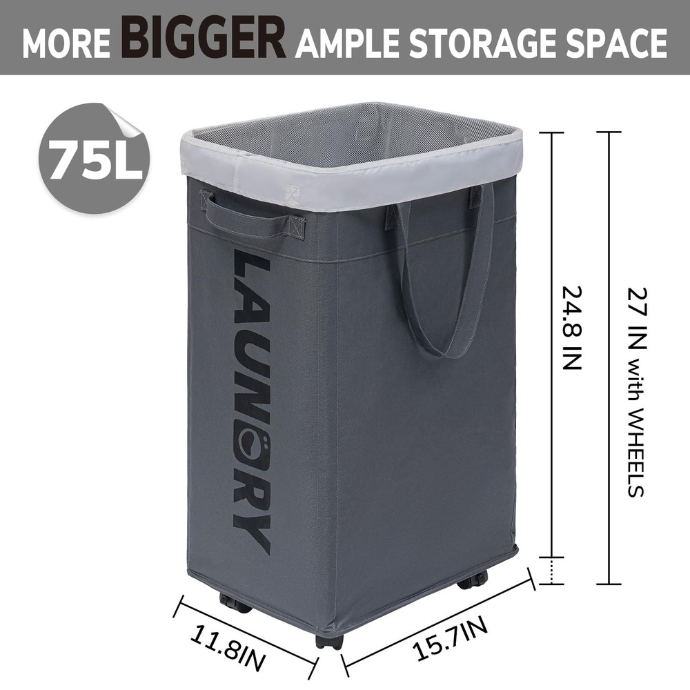Goodpick Laundry Basket with Wheels, Hamper 75L, Grey 1-Pack