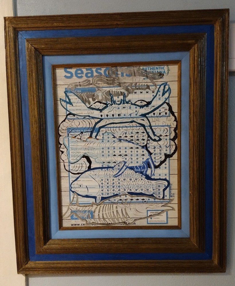 Original art, collage using certified LA seafood chart, signed
