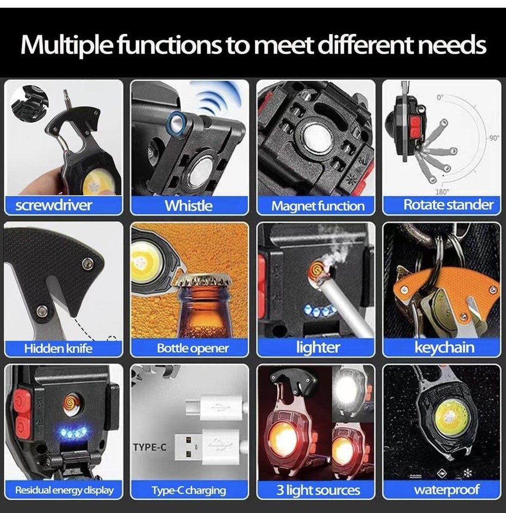 Mini Flashlight Keychain Multifunction Light Screwdriver Bottle Opener Lighter