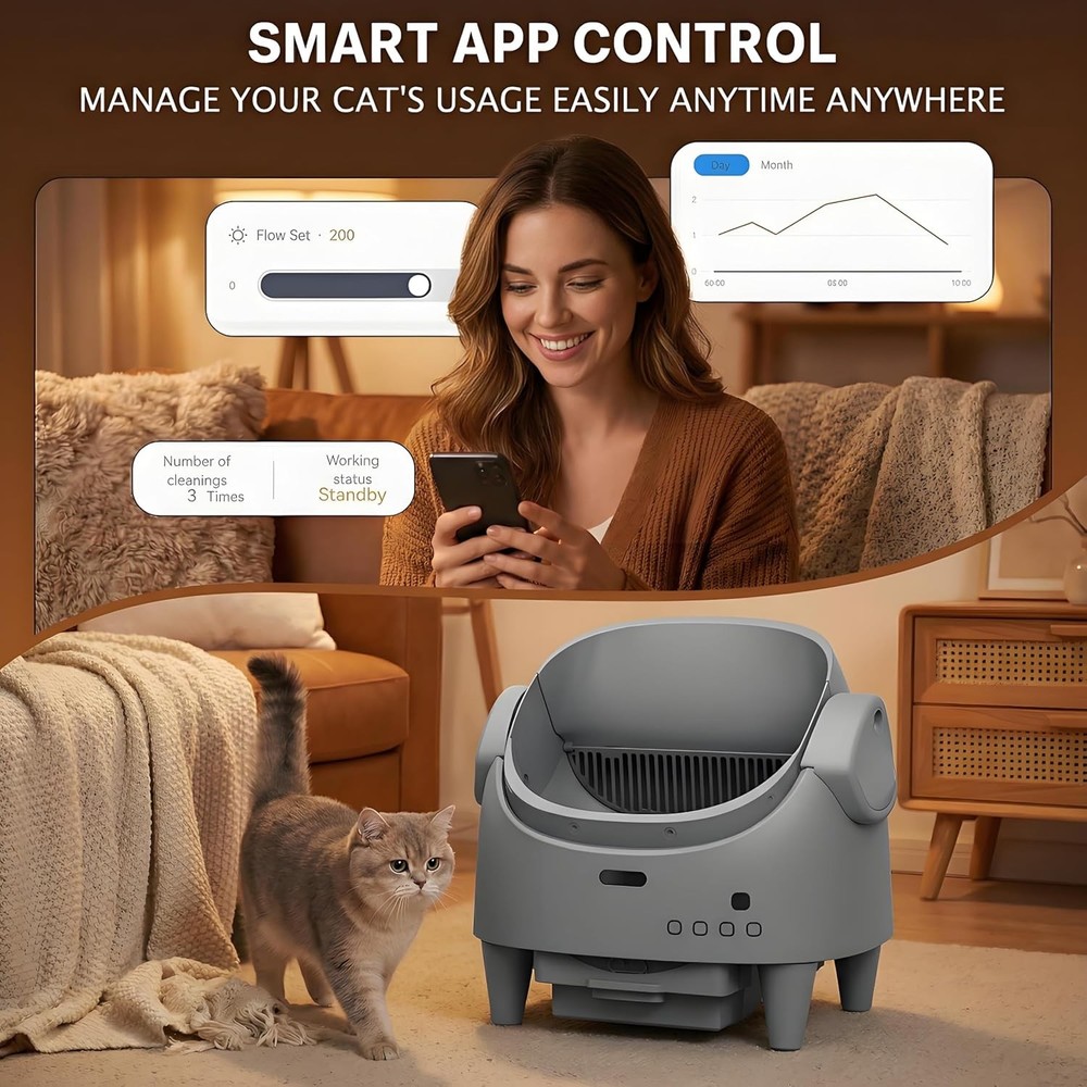 Open-Top Self-Cleaning Litter Box, App Control for Large Cats Adjustable Entry