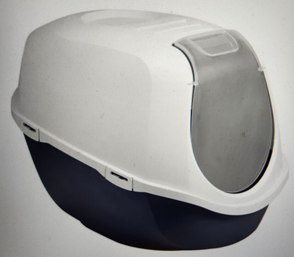 Mega Smart Cat Cove Enclosed Cat Litterbox, Navy & White