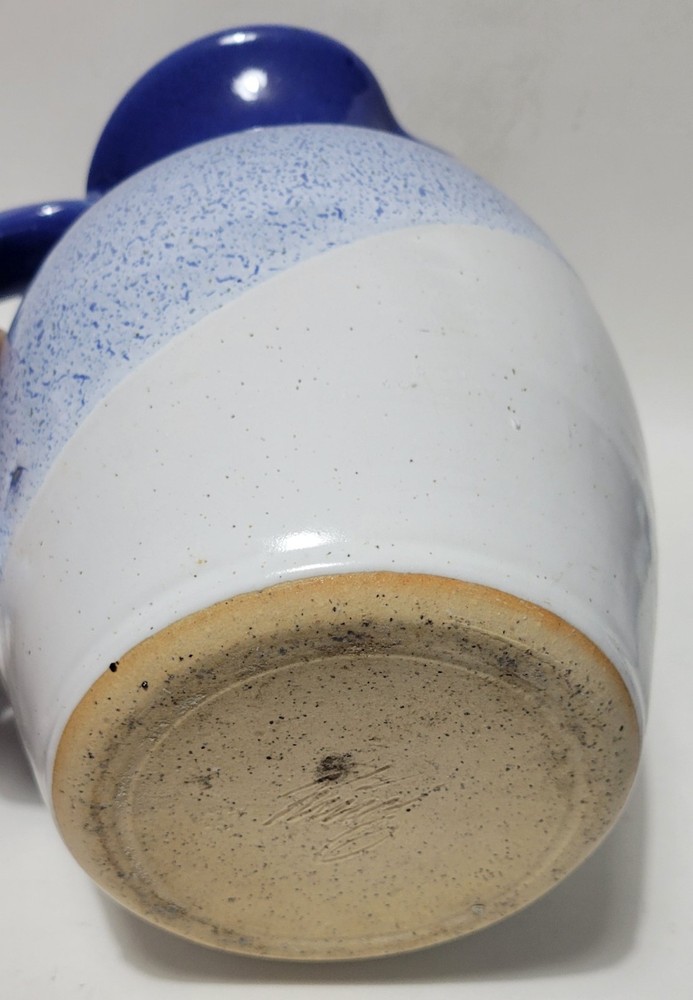 Signed Studio Art Pottery Blue White Pitcher With Twisted Handle