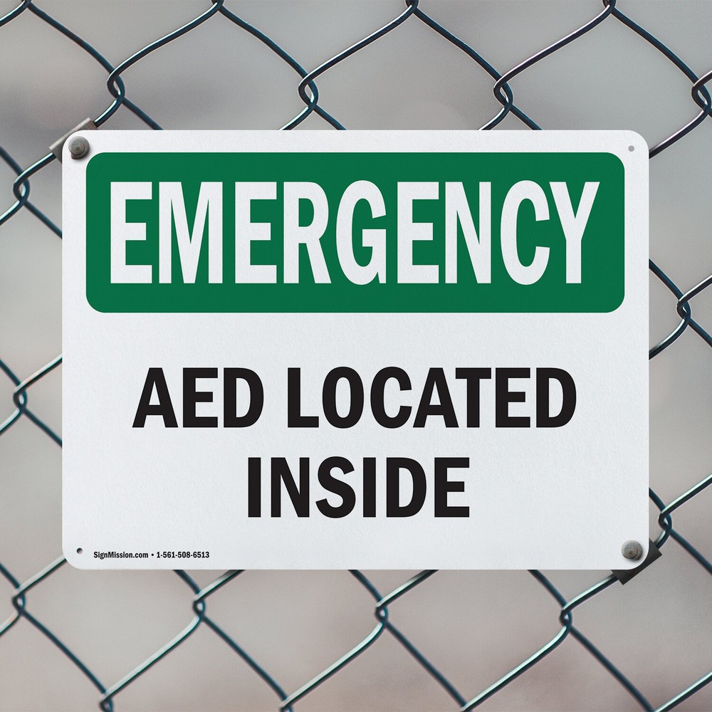 (2 Pack) AED Located Inside OSHA Emergency Sign Decal Metal Plastic