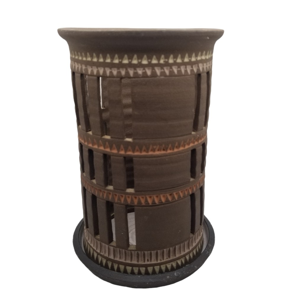 Studio Art Pottery MCM Pillar Candle Holder Signed BROMECK Brown Boho Eclectic