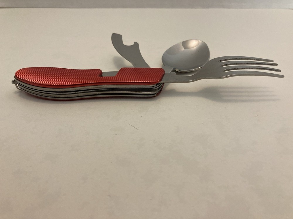 4-In-1 Outdoor Tableware Fork Spoon Knife Bottle Opener Camping Red Multi Tool