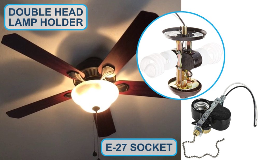 HQRP 2-Light Socket Switch for Ceiling Fan Pull Chain E26 E27 Lamp Light Holder