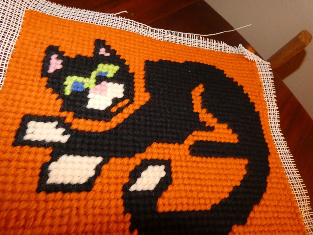 Black Cat Needlepoint Panel Hand Sewn