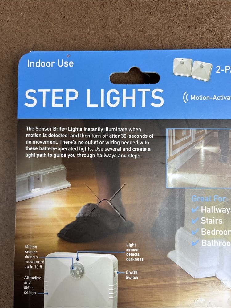 (2-Pk) Sensor Brite Peel & Stick Wireless Motion-Activated LED Step Lights