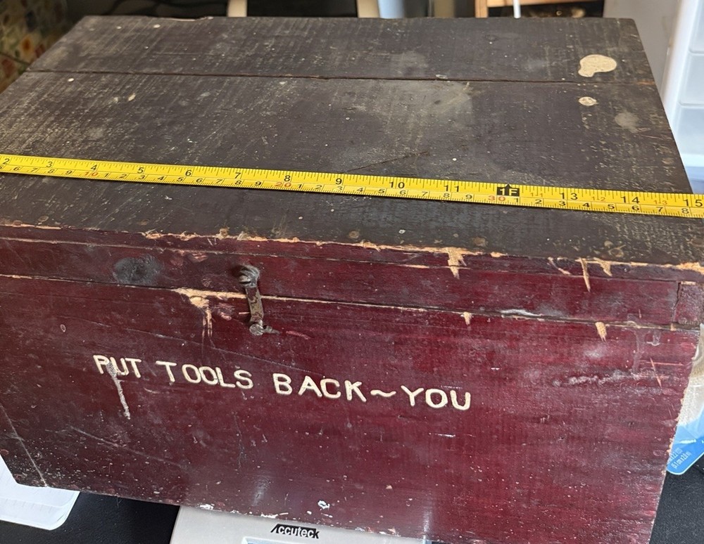 Antique Primitive Carpenter Small Tool Chest Hand Painted Folk Lettering