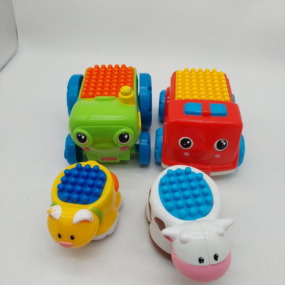 Fisher Price Brilliant Basics Shake Stack Firetruck Tractor Cat Cow Blocks Read