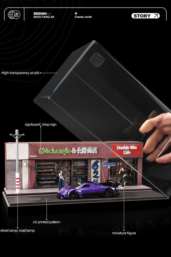 1/64 Mini Dust-Proof Simulation Light Road Stop Scene Set Model & 2 Doll Toys