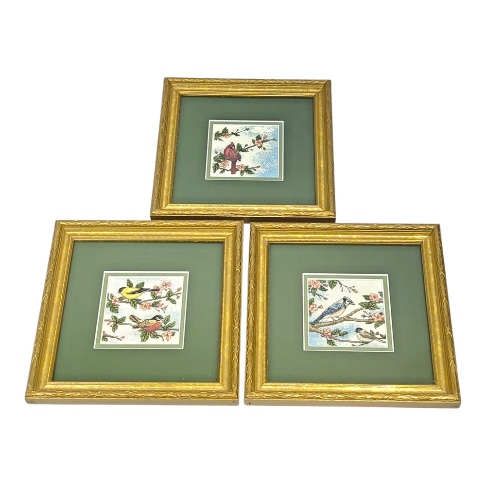 Set 3 Birds & Blossoms Completed Cross Stitch Robin Cardinal Bluebird | Framed