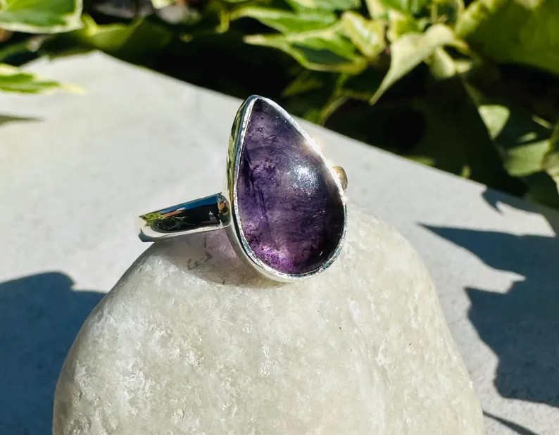 Solid 925 Sterling Silver Natural Purple Blue John Teardrop Stone Handmade Ring