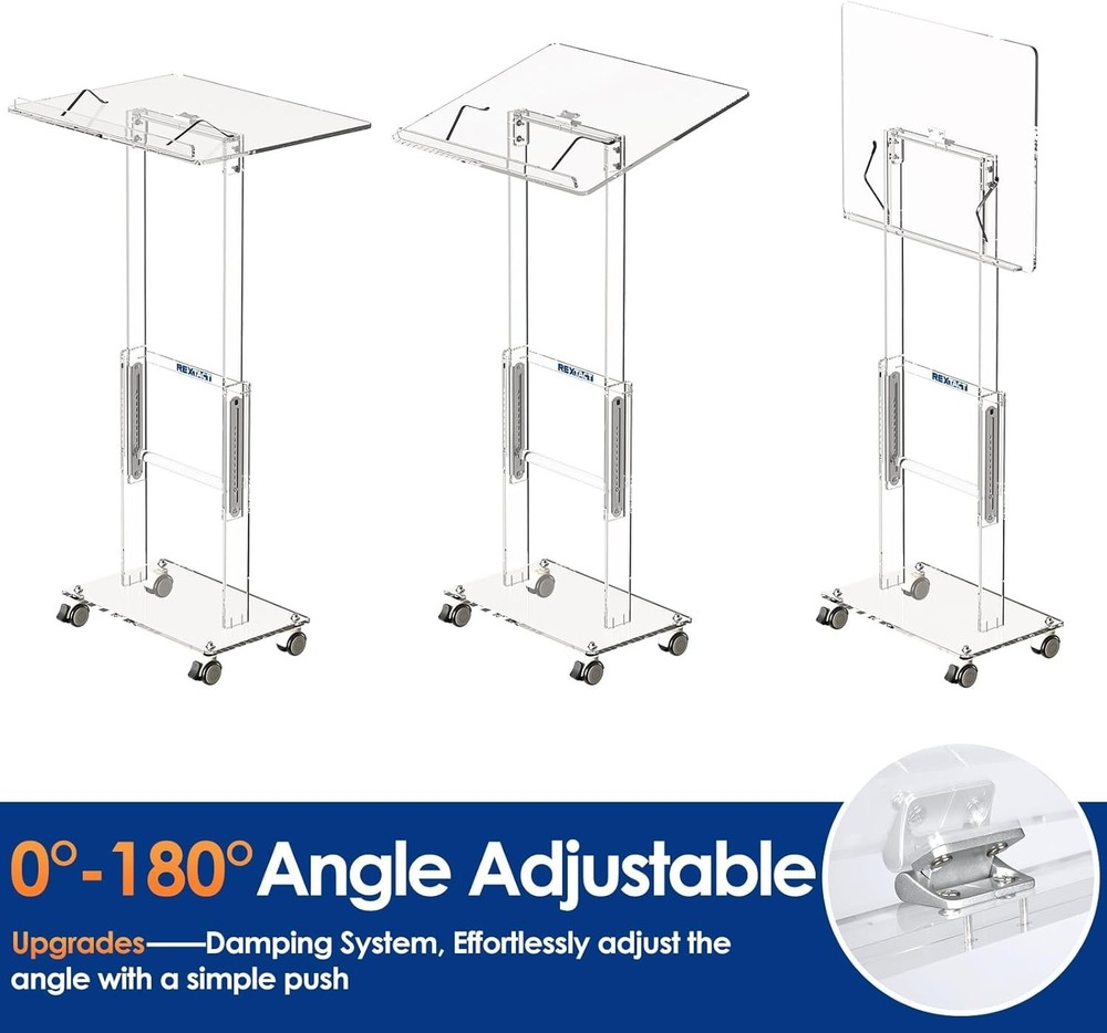 RexTact Adjustable Acrylic Podium 49"H Rolling Lockable Wheels