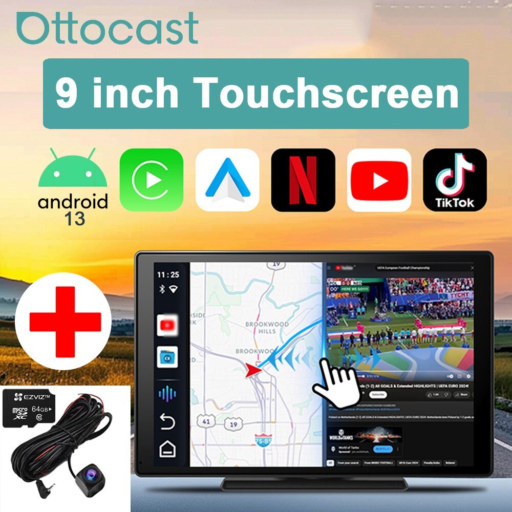 Ottocast 9" Car Touchscreen Wireless CarPlay+Android Streaming w/Youtube+TK