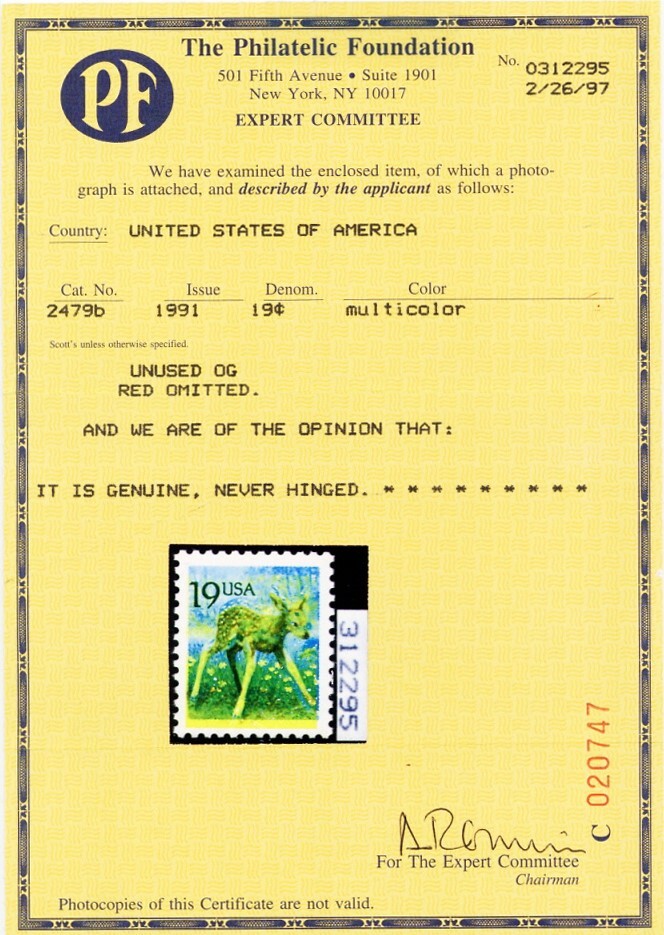 2479b, MNH 19¢ Red Color Omitted Error PFC Certificate * Stuart Katz