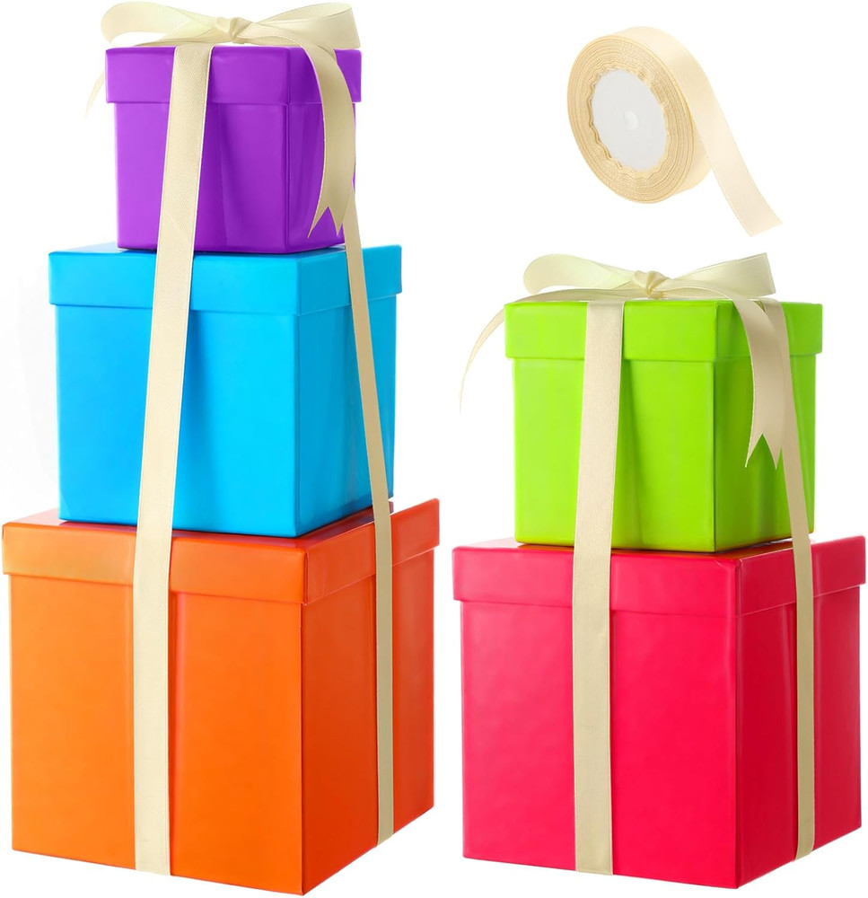 5 Pcs Christmas Gift Box with Lid and Ribbon Mixed Size Square Nesting Boxes ...