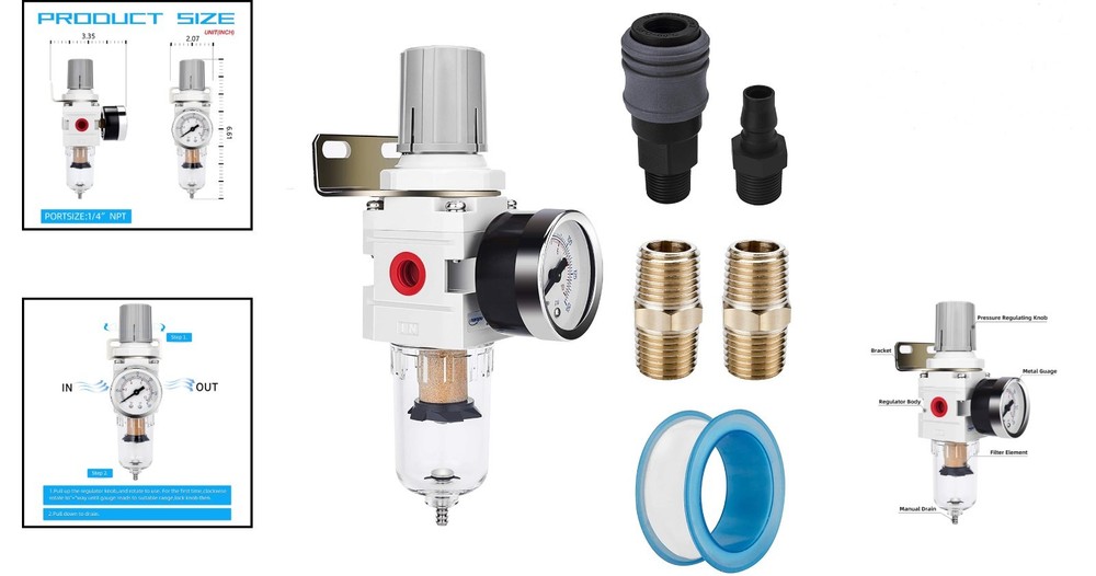 5 Micron Brass Element Air Filter/Regulator Combo with Poly Bowl & Metal Bracket