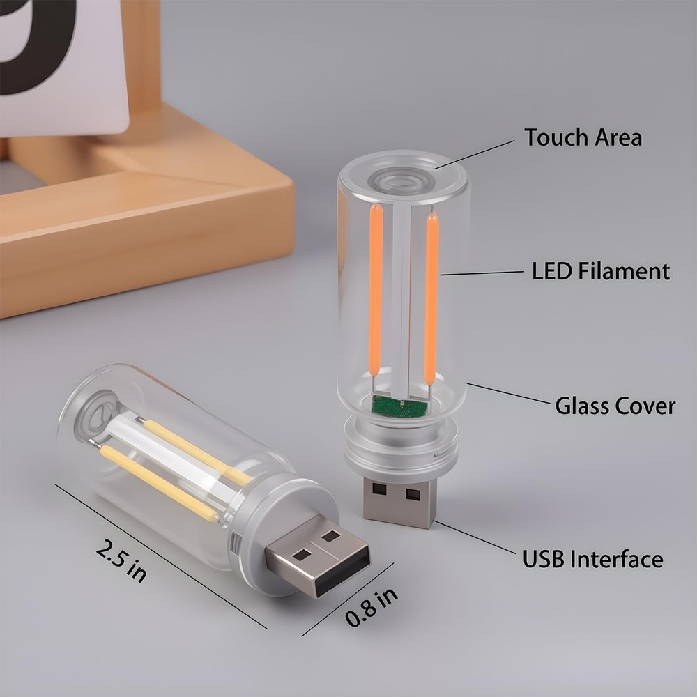 2PCS Mini USB Retro Night Light Bulb, Touch Dimmable Car Interior Ambient Lights
