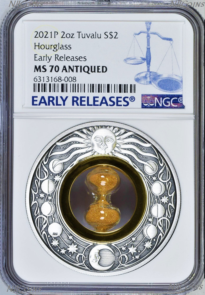 2021 Hourglass 2oz Silver Antiqued Coin NGC MS 70 ER