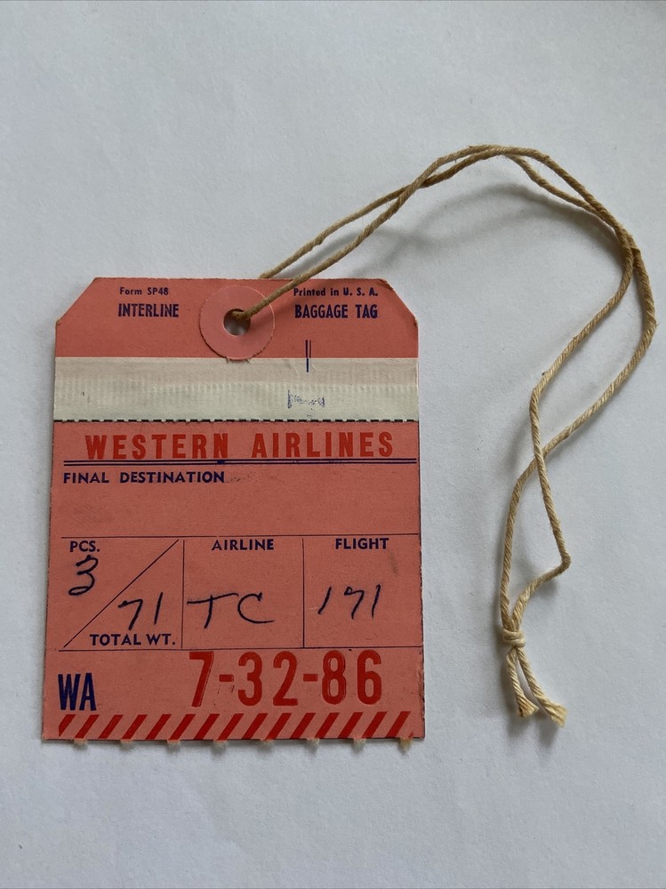 WESTERN AIRLINES WA Interline PASSENGER 7-32-86 BAGGAGE TAG