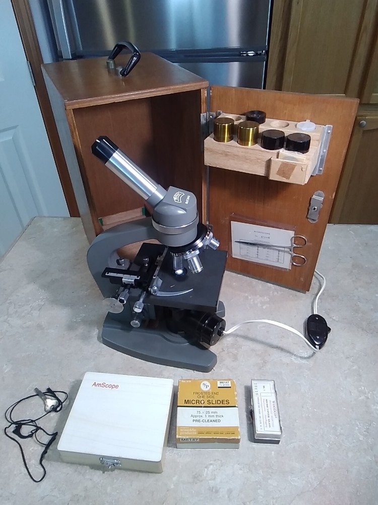 Compound Wesco Microscope With Extras with Wood Box Made By Wesco