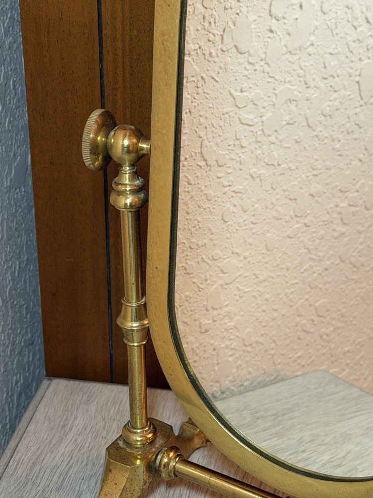 VINTAGE ART DECO BRASS FOOTED TABLETOP SHAVING VANITY MIRROR TILTING ADJUSTABLE
