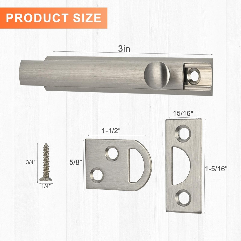 KOVOSCH Solid Brass Surface Bolt 3 Inch, Heavy 3 Satin Nickel-1 Pack